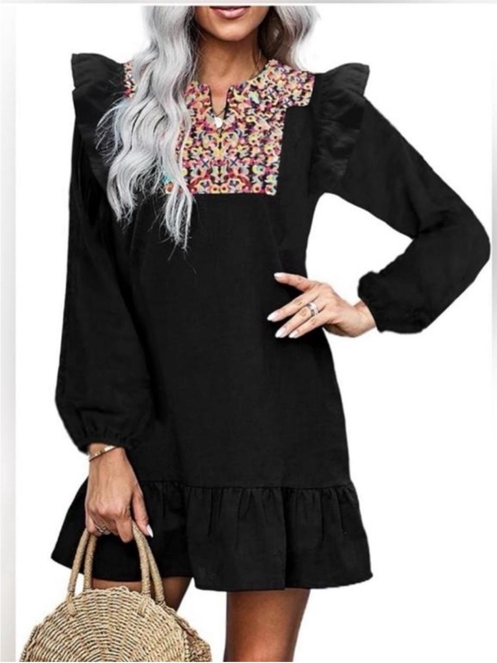 NWT ~ Black Mini Dress with Floral Yoke and Ruffle Hem ~ Size XL